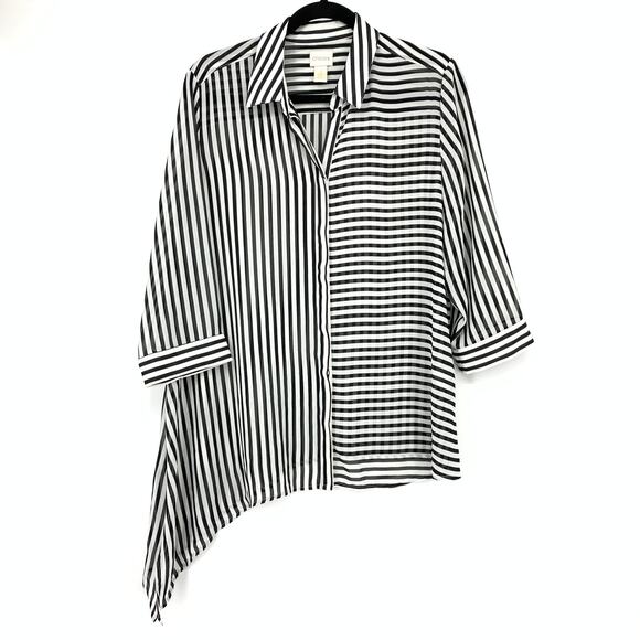 Chicos Asymmetrical Button Front Sheer Shirt Womens Sz 1 US M Black White Stripe - Picture 1 of 6